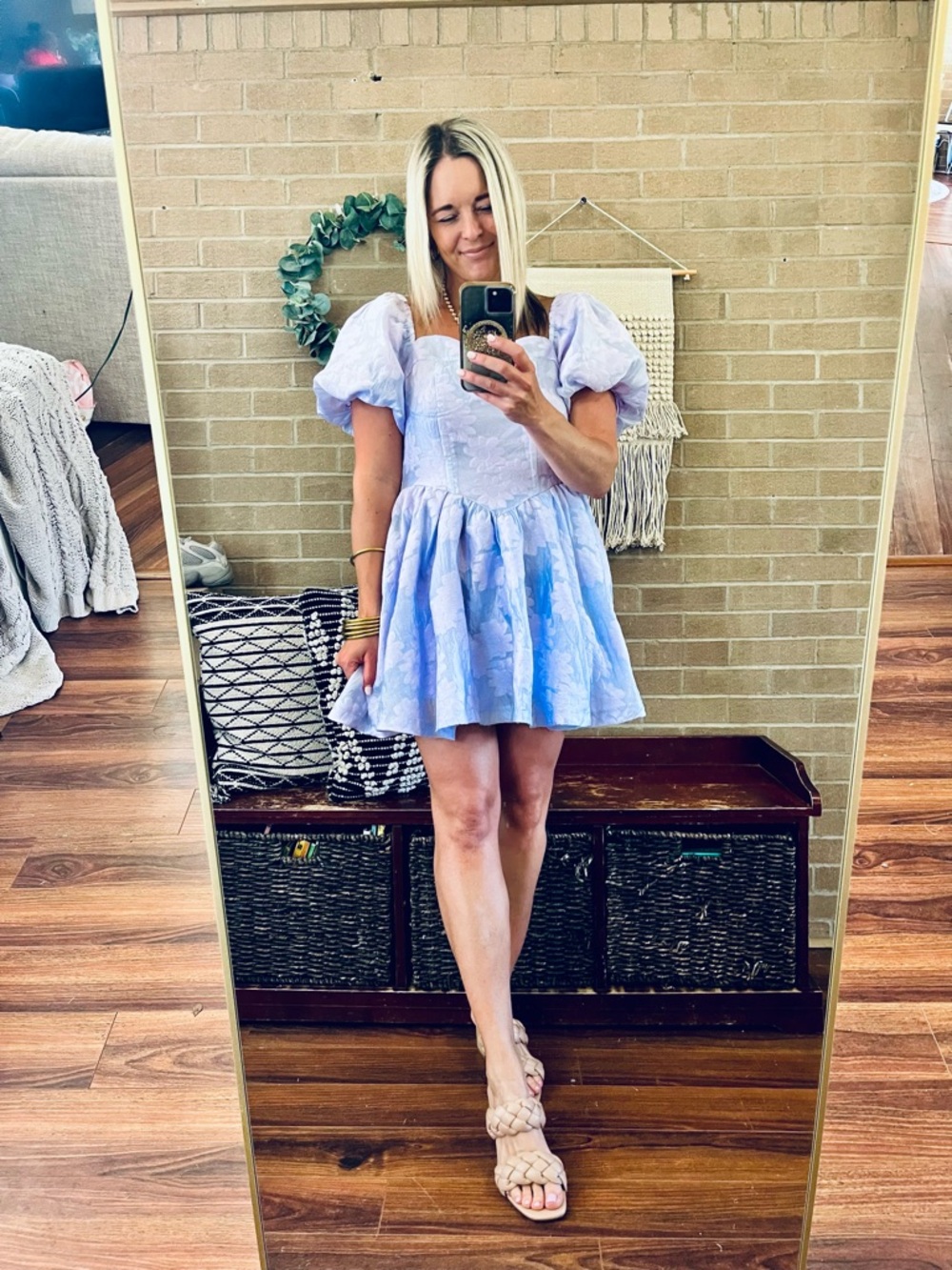 Lilac Puff-Sleeve Mini Dress with Floral Jacquard